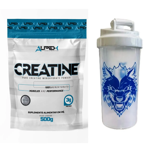 Kit Creatina Monohidratada 100% Pura Alpex 500g + Coqueteleira Alpex 600ml